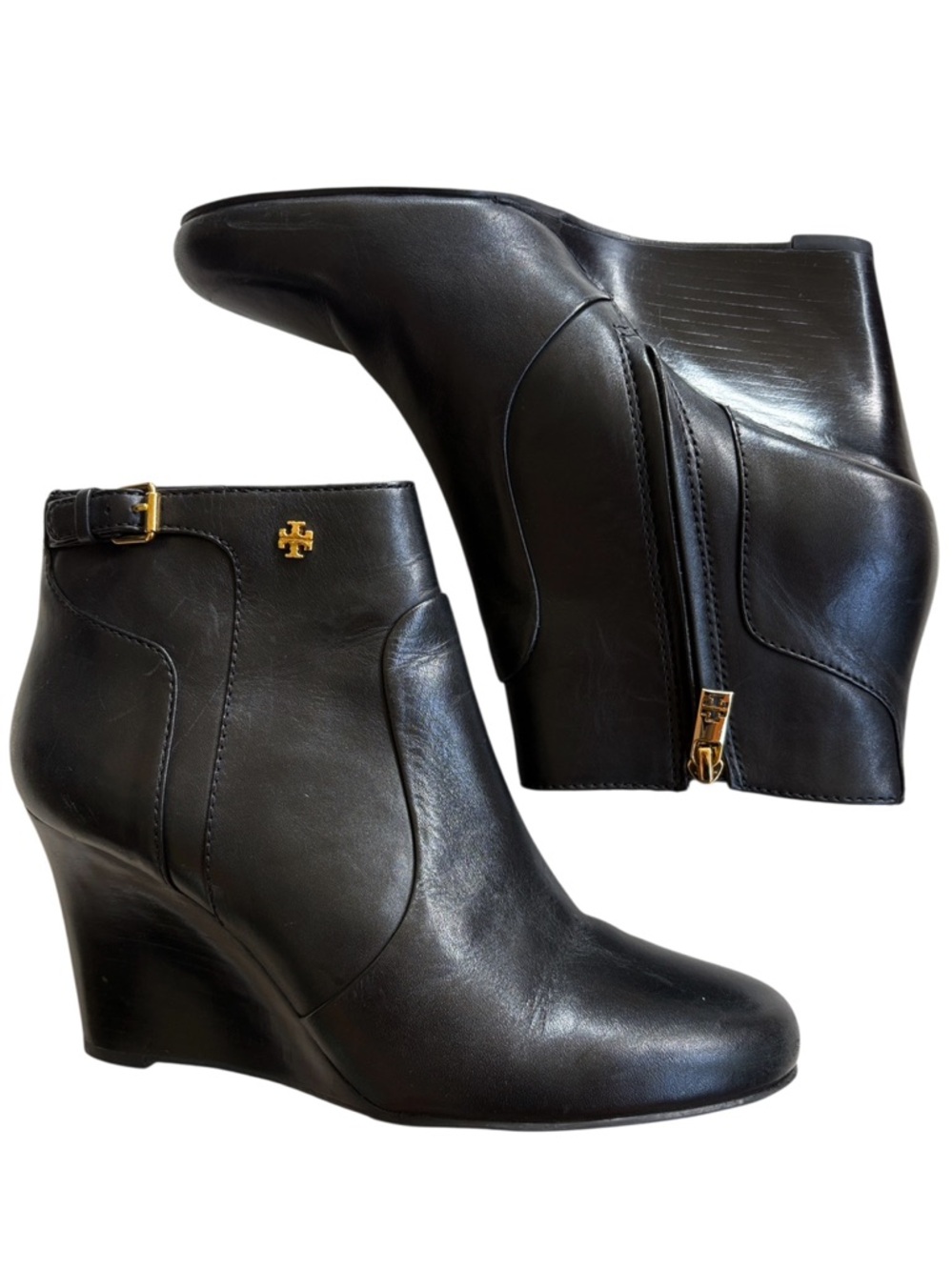 EUC Tory Burch Leather Milan Wedge Boots Black Size 9